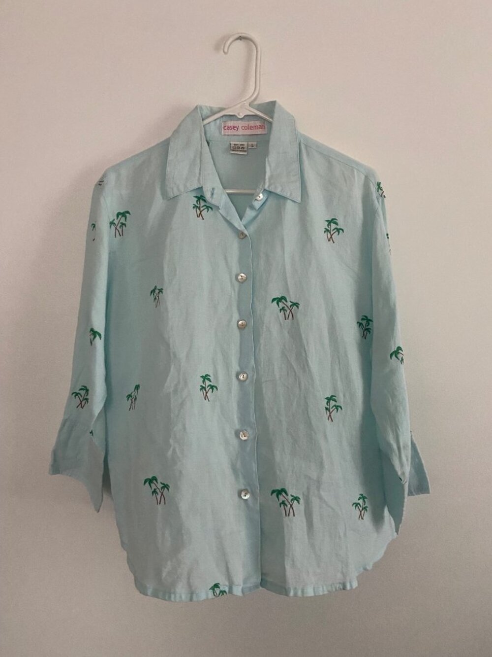 Vintage Casey Coleman Women's Blue Linen Shirt With Palm Tree Embroidery Size L